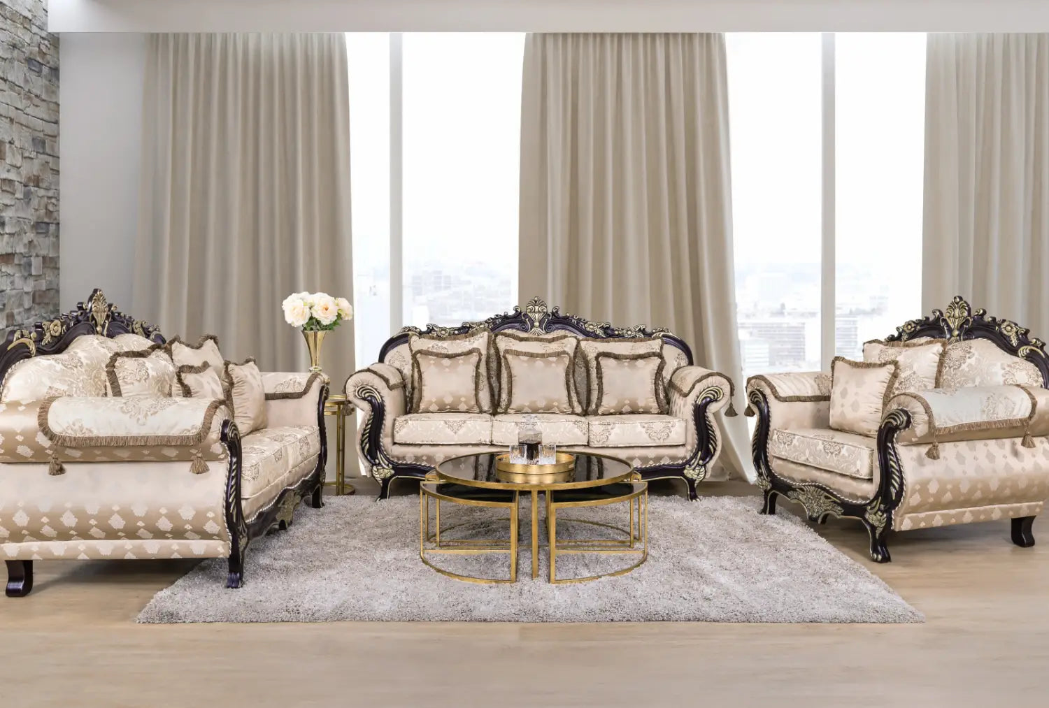 Find comfort and style in the Berlin Fabric 3+2+1 Sofa Suite, complete with elegant carved details on its framework and ornate claw feet.