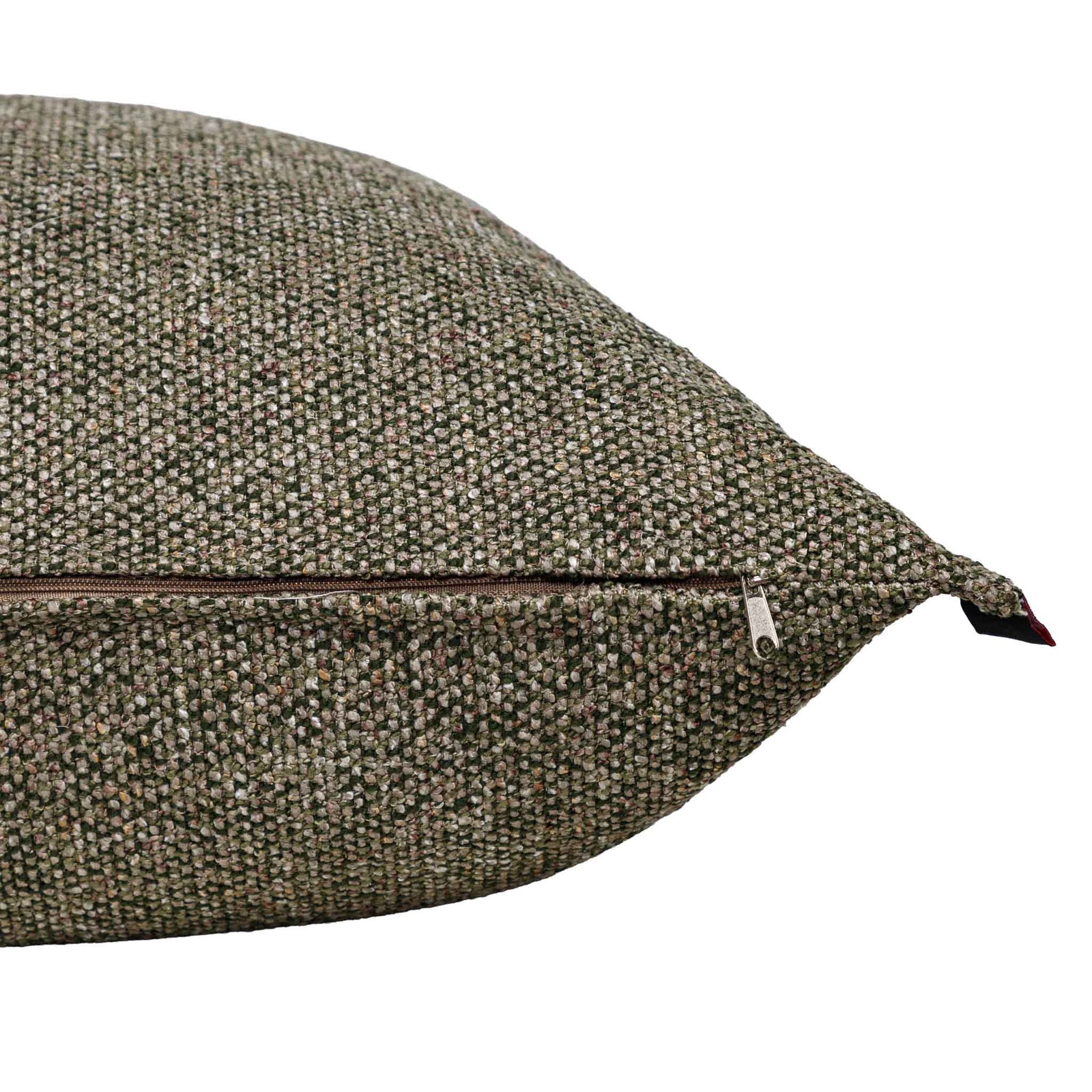 Close-up of the Leather Gallery Aardé Cushion in Moss Green, showing the textured tweed fabric and brown zipper with silver pull.
