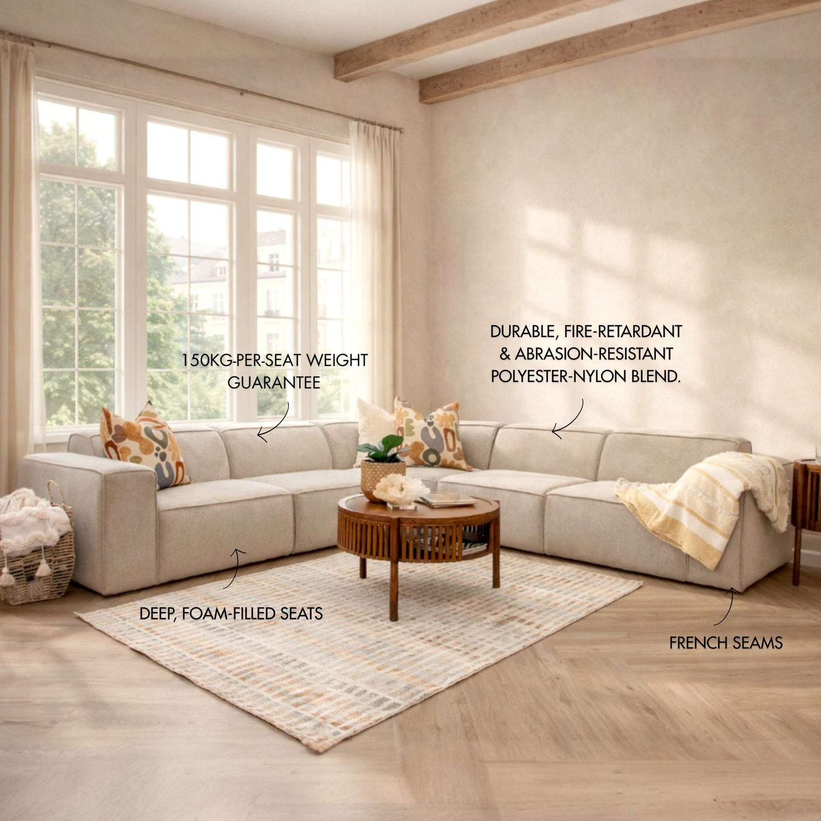 Austin Fabric 5-seater L-sectional couch in Belle Beige polyester-nylon fabric. | L shaped couches, fabric corner sofa, corner couches, luxury couches