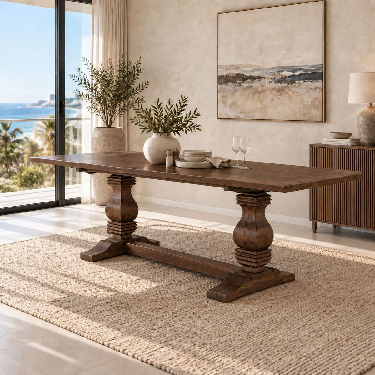 Front view of the Belmont Wood Top Dining Table – 2.4m in Antique Chocolate, showcasing the table’s bold, sophisticated design and sturdy wood construction. Leather Gallery