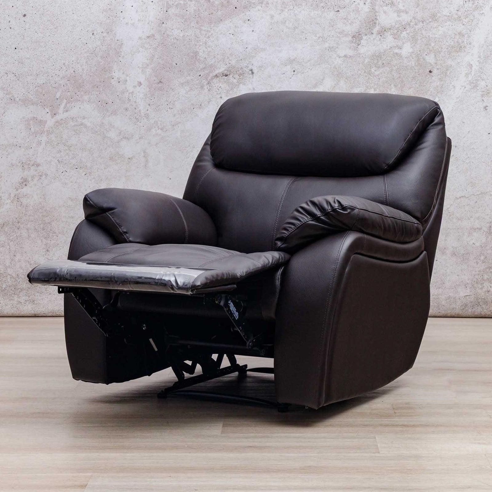 Leather Gallery Cairo 1 Seater Leather Recliner in Choc, shown with the footrest extended.
