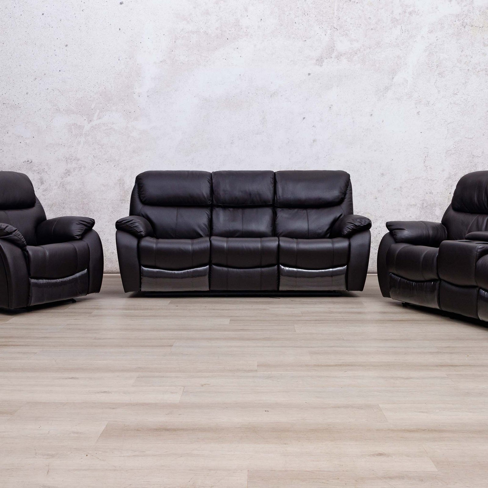 Leather Gallery Cairo 3+2+1 Leather Recliner Home Theatre Suite in Choc, featuring a reclining loveseat with two matching recliner chairs.