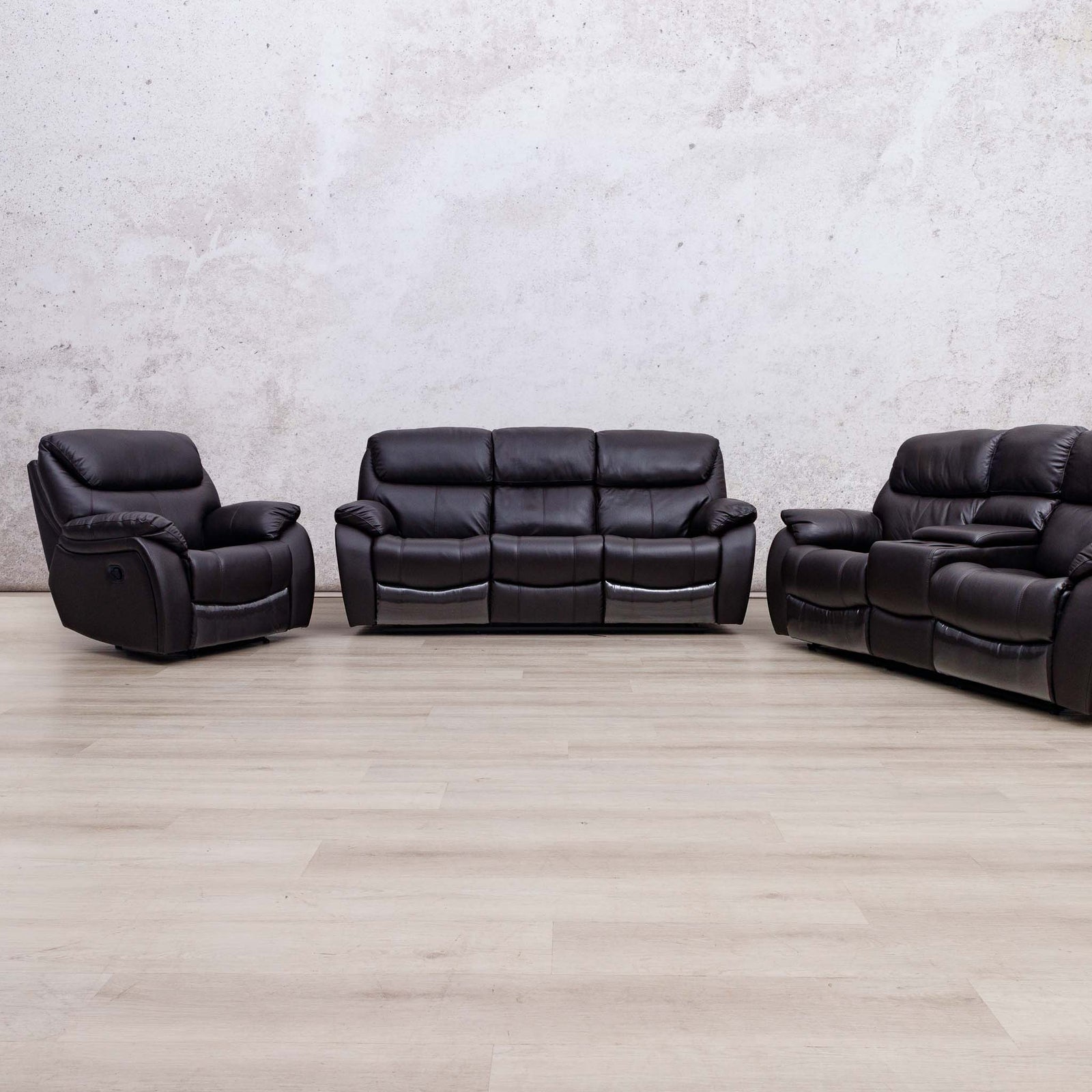 Leather Gallery Cairo 3+2+1 Leather Recliner Home Theatre Suite in Choc, featuring a 3 seater sofa, 2 seater loveseat, and matching recliner.