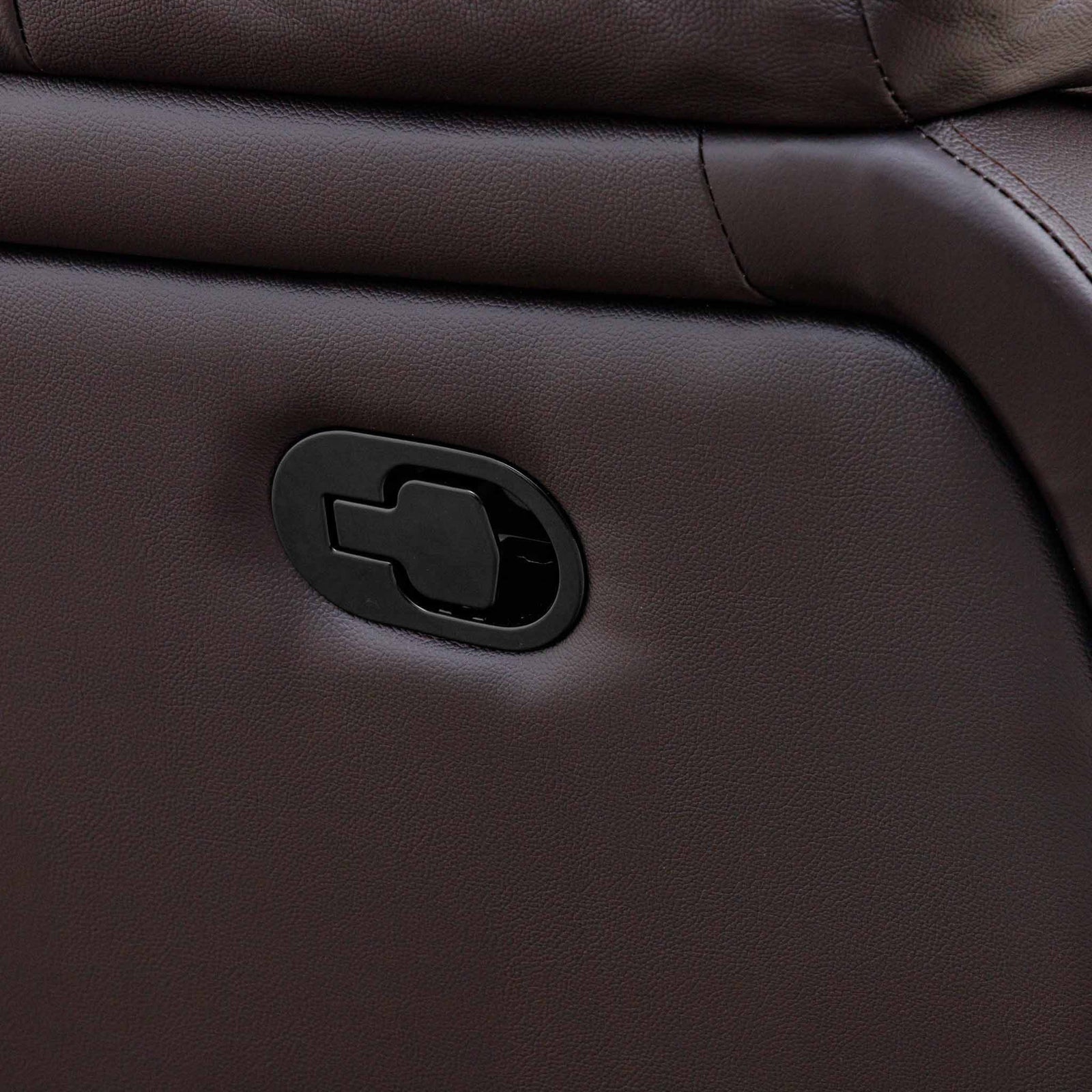 Close-up of the Leather Gallery Cairo 1 Seater Leather Recliner in Choc, showing the backrest and black oval recliner control.