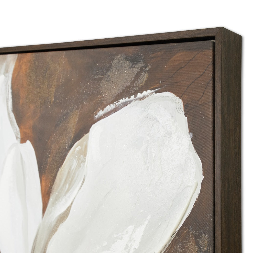 Close-up corner of Fiore D'Oro wall art showing thick white impasto paint and dark wood floating frame,ideal for bedroom wall art and stylish wall décor.
