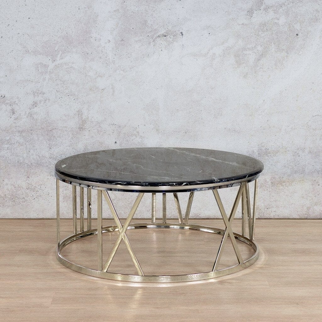 Zoya Coffee Table Black Marble Look Top - Silver Base Coffee Table Leather Gallery DIA1000 x H460 Black Marble Top - Silver Base 