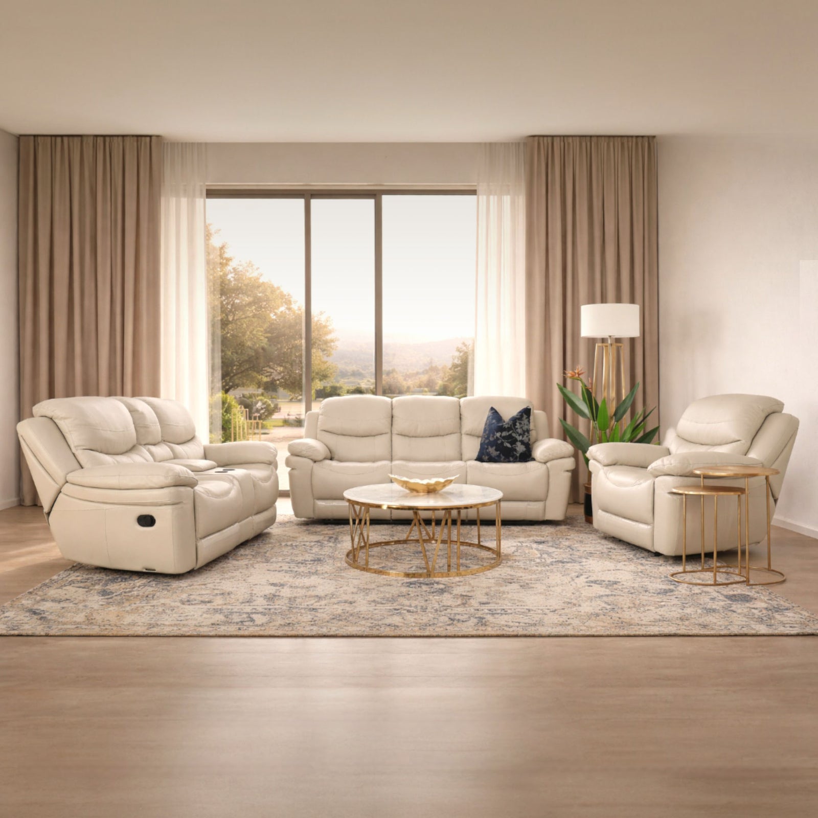 Geneva Leather Home Theatre Recliner Lounge Suite in beige, shown in a spacious lounge area. | recliner lounge suites, recliner couches, recliner chair, three seater recliner couch, two seater recliner couch
