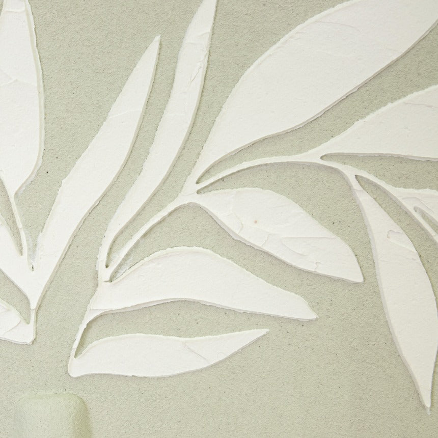 Extreme close-up of Hush Of The Grove leaves with thick white impasto texture against the sage background. Unique wall art South Africa.