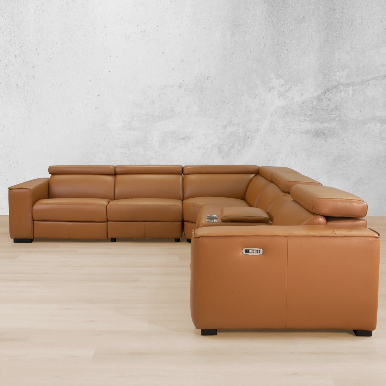 Houston Tan Leather Corner Couches - with a home theatre console and wireless charging | Leather Gallery L-shaped couches, sectional sofas