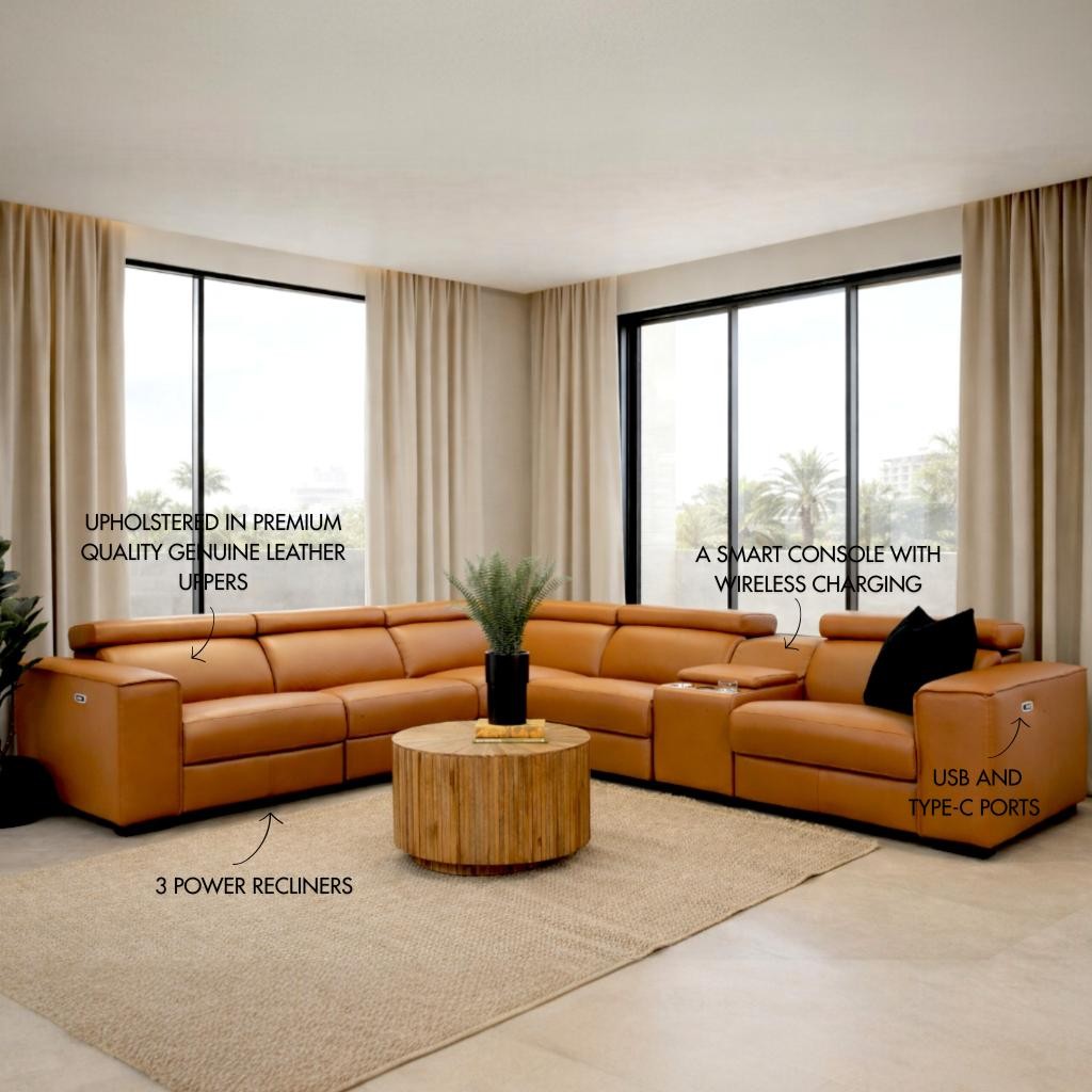 Houston Leather Recliner Corner Couch - Tan with recliners powered by the Carya Smart mechanism| L-shaped couches, genuine leather corner couches