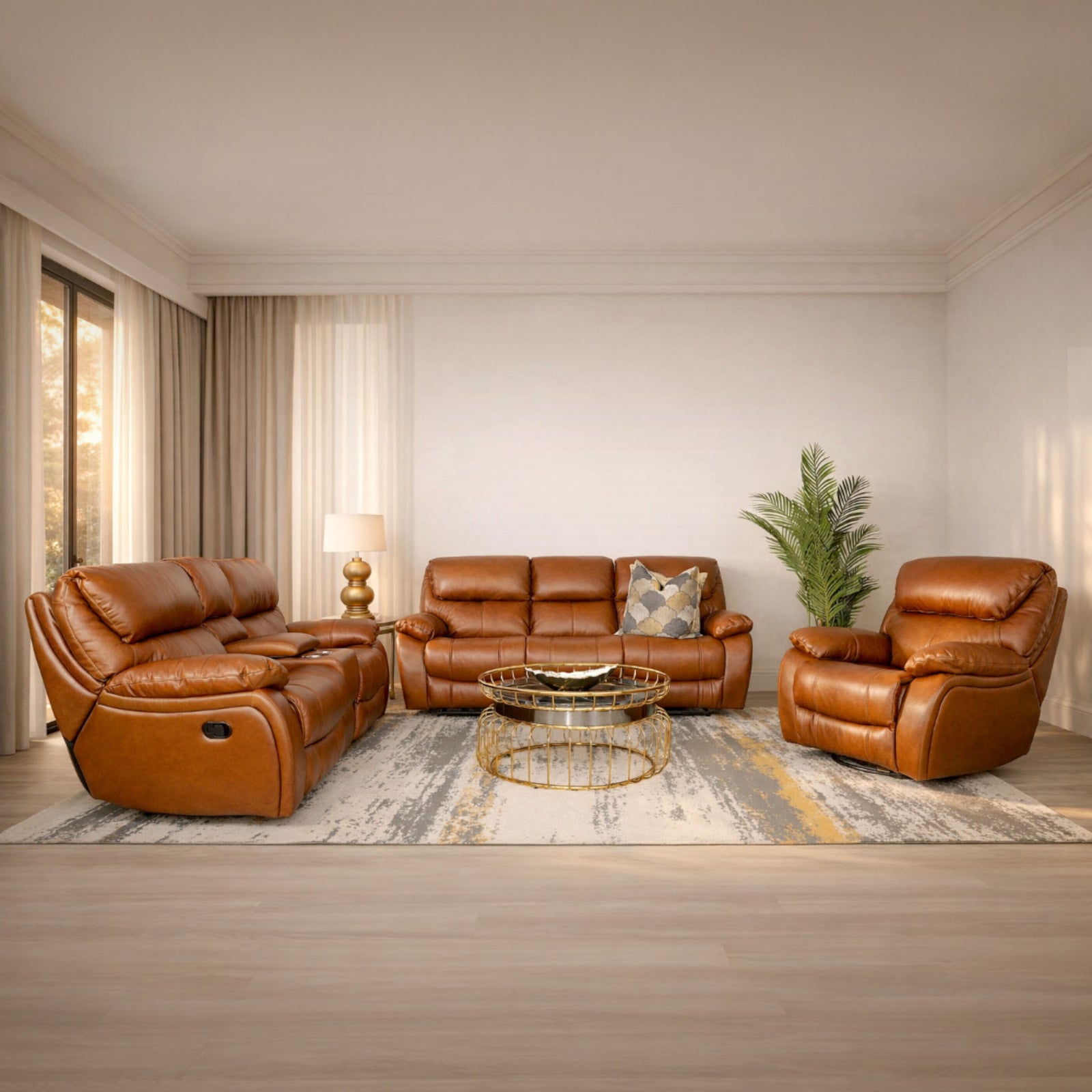 Kuta 3-piece recliner lounge suite in a minimalist, elegant lounge setting. | Leather recliners, recliner couches, recliner lounge suite, home theatre recliners