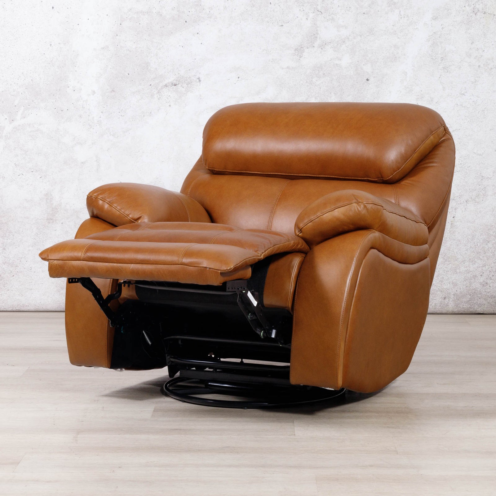 Leather Gallery Kuta 1 Seater Leather Recliner in Czar Pecan, shown with the footrest extended.