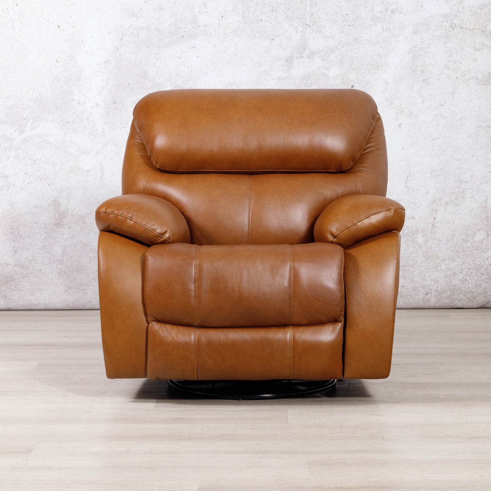Leather Gallery Kuta 1 Seater Leather Recliner in Czar Pecan, featuring leather upholstery and a swivel base.