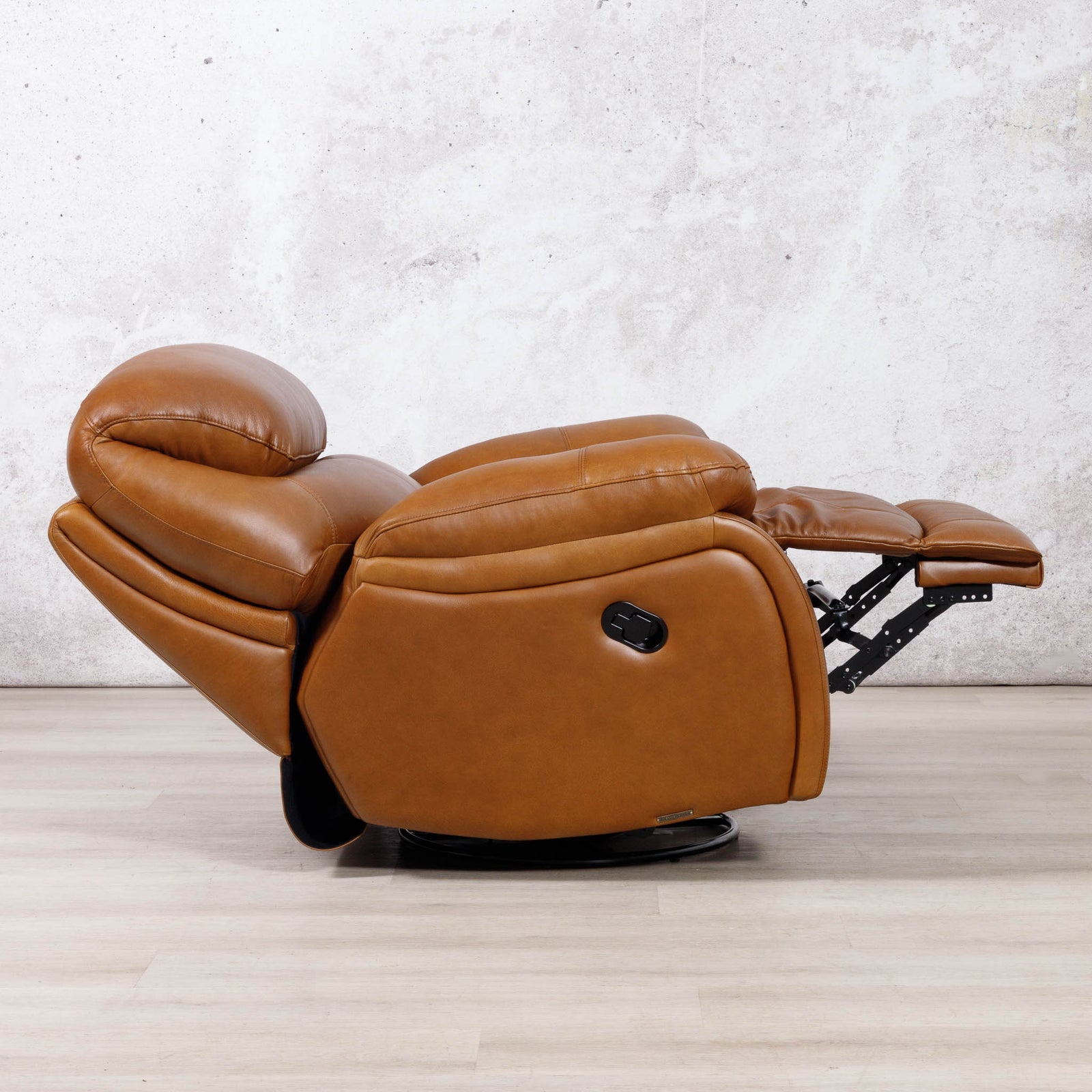 Side view of the Leather Gallery Kuta 1 Seater Leather Recliner in Czar Pecan, shown with the footrest extended.