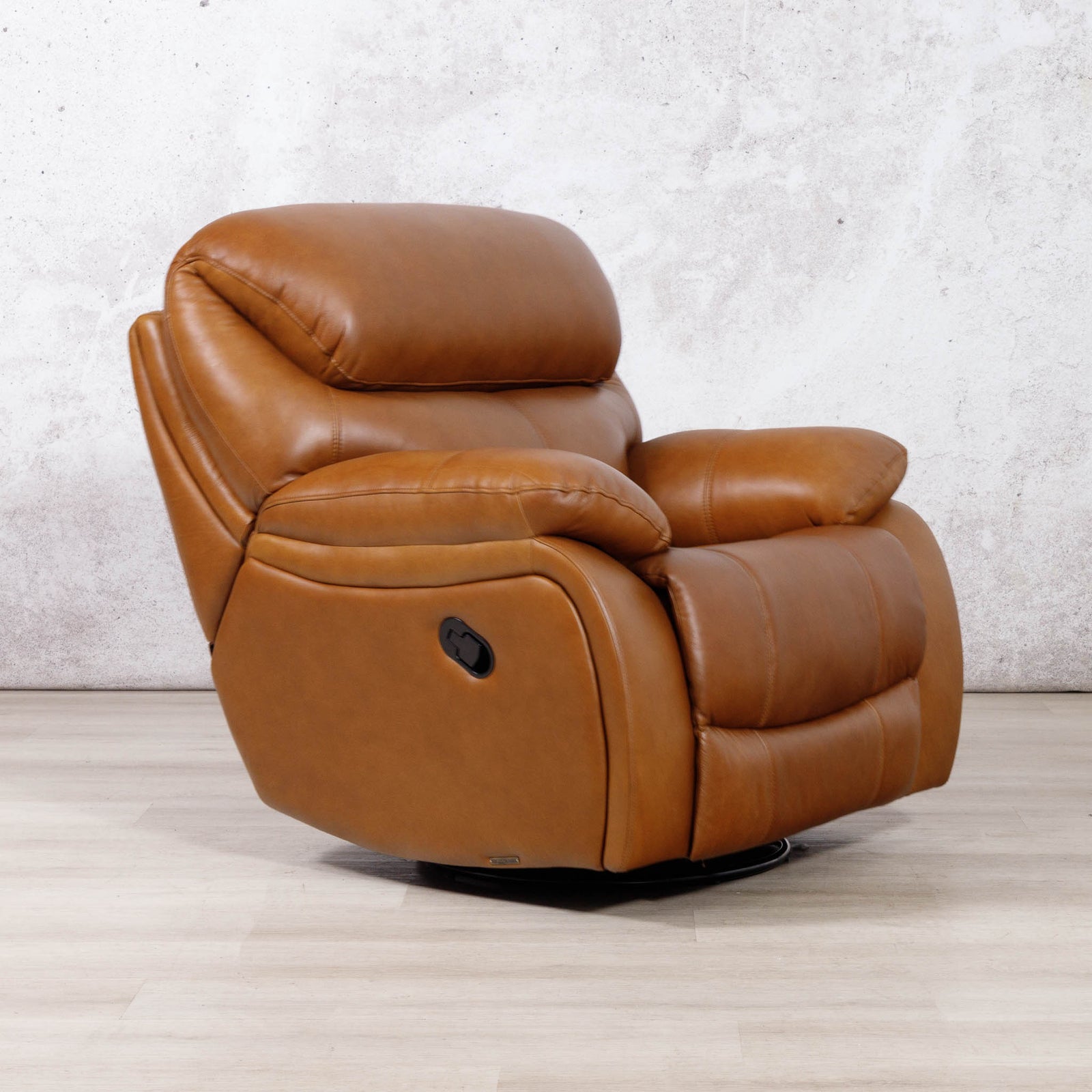 Leather Gallery Kuta 1 Seater Leather Recliner in Czar Pecan, featuring a swivel base and smooth leather upholstery.