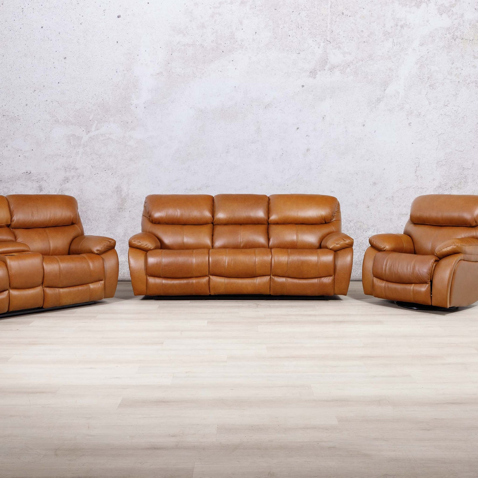 Leather Gallery Kuta 3+2+1 Leather Recliner Suite in Czar Pecan, featuring matching 3 seater, 2 seater home theatre, and 1 seater recliners.