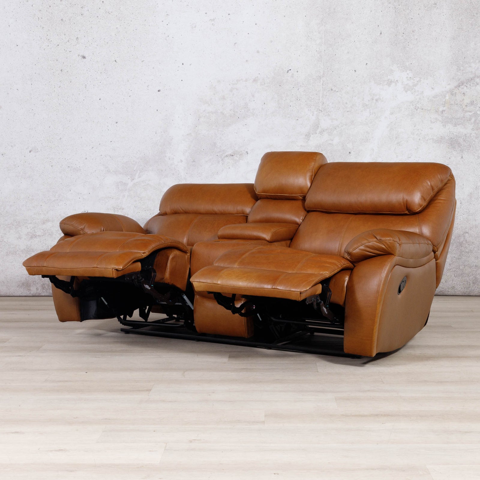 Leather Gallery Kuta 2 Seater Leather Recliner Home Theatre in Czar Pecan, shown with both footrests extended.