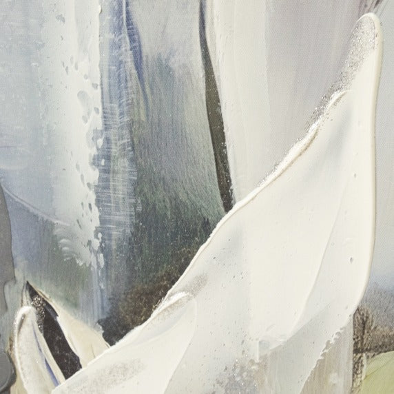 Extreme close-up of Linné Agave leaves, showing glossy white paint layers and subtle silver glitter accents. Modern bedroom wall art.