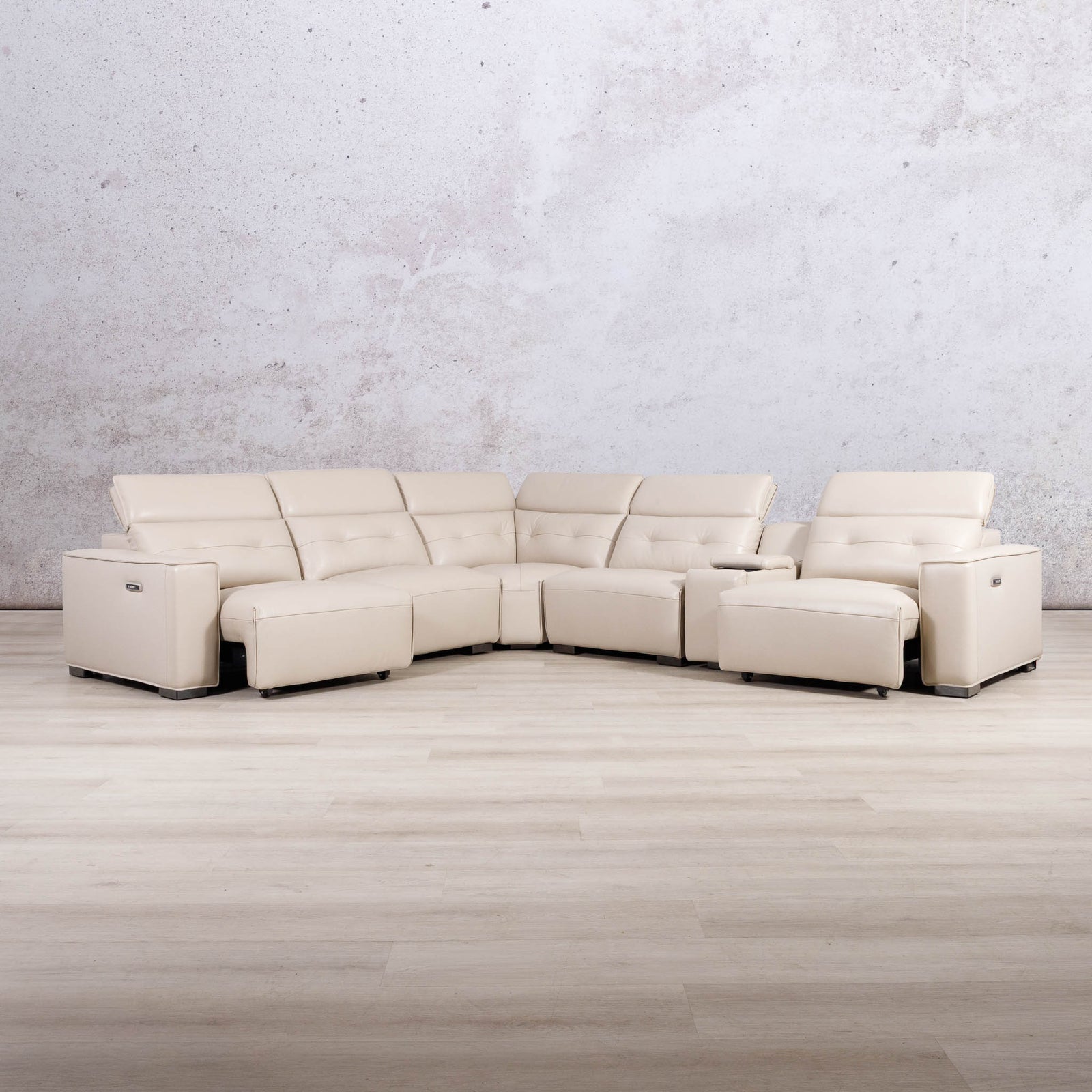 Leather Gallery Marbella 5 Seater Leather L Shape Couch in Cream Beige, featuring a curved chaise, central seat, and matching ottoman.