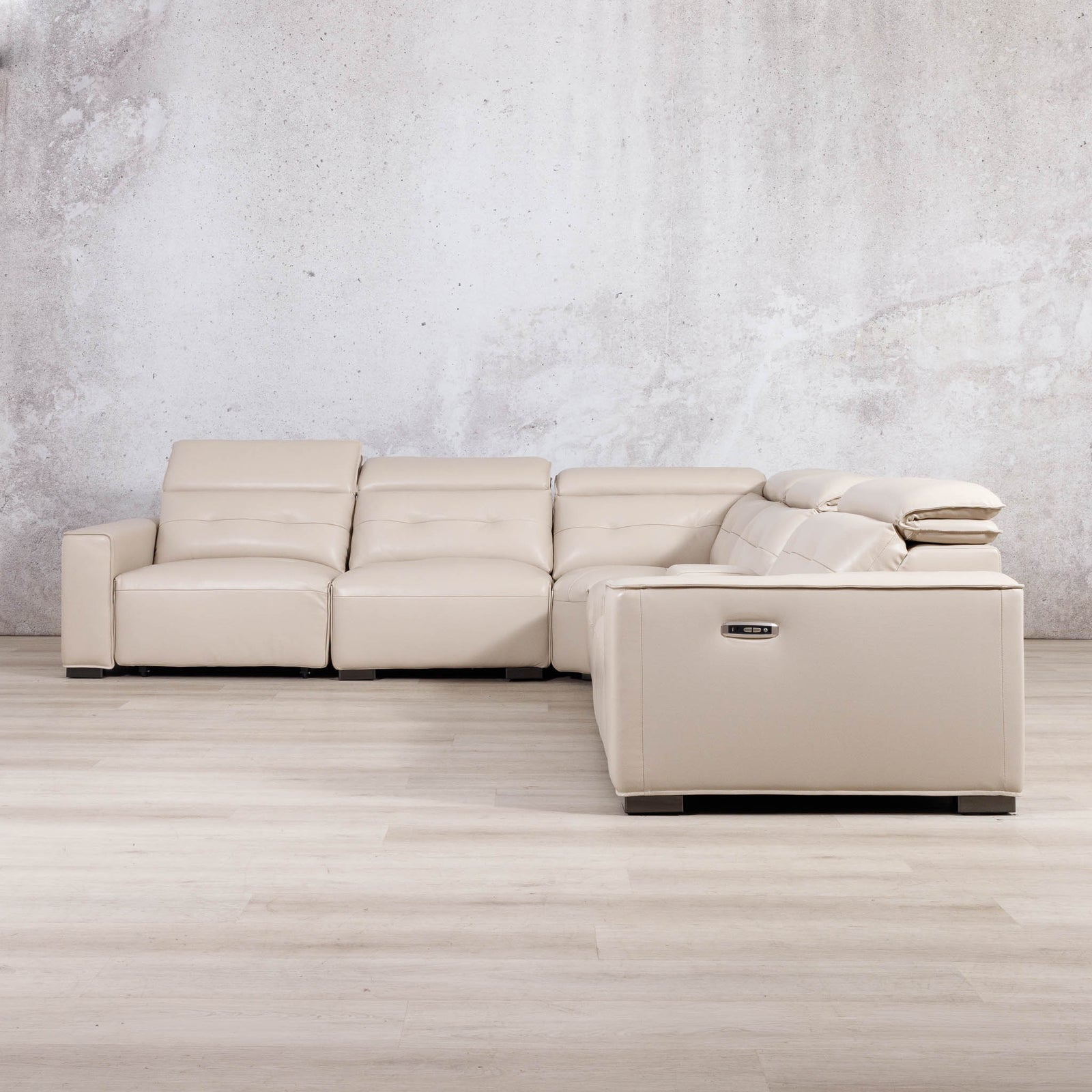 Leather Gallery Marbella 5 Seater Leather L Shape Couch in Cream Beige, featuring a left-facing chaise and smooth leather upholstery.