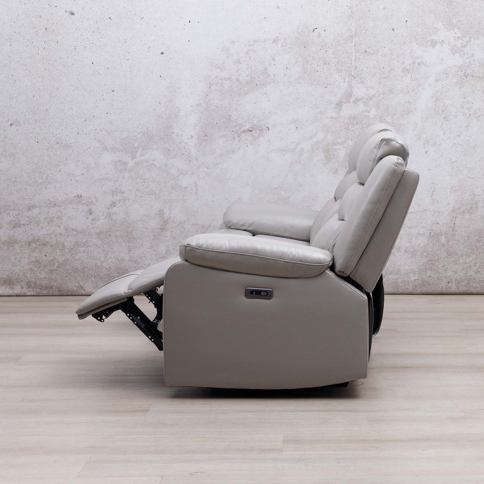 Side view of the Leather Gallery Marino 3 Seater Leather Recliner in Luxe Grey, shown with the footrest extended.