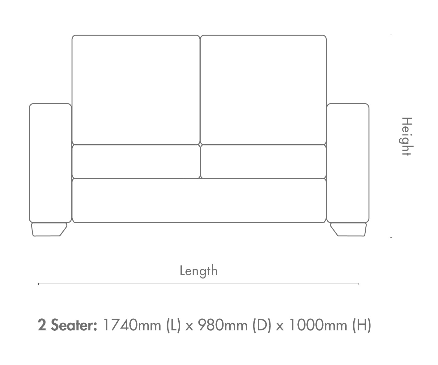 Measurement chart for Rome Fabric 2 Seater Sofa
