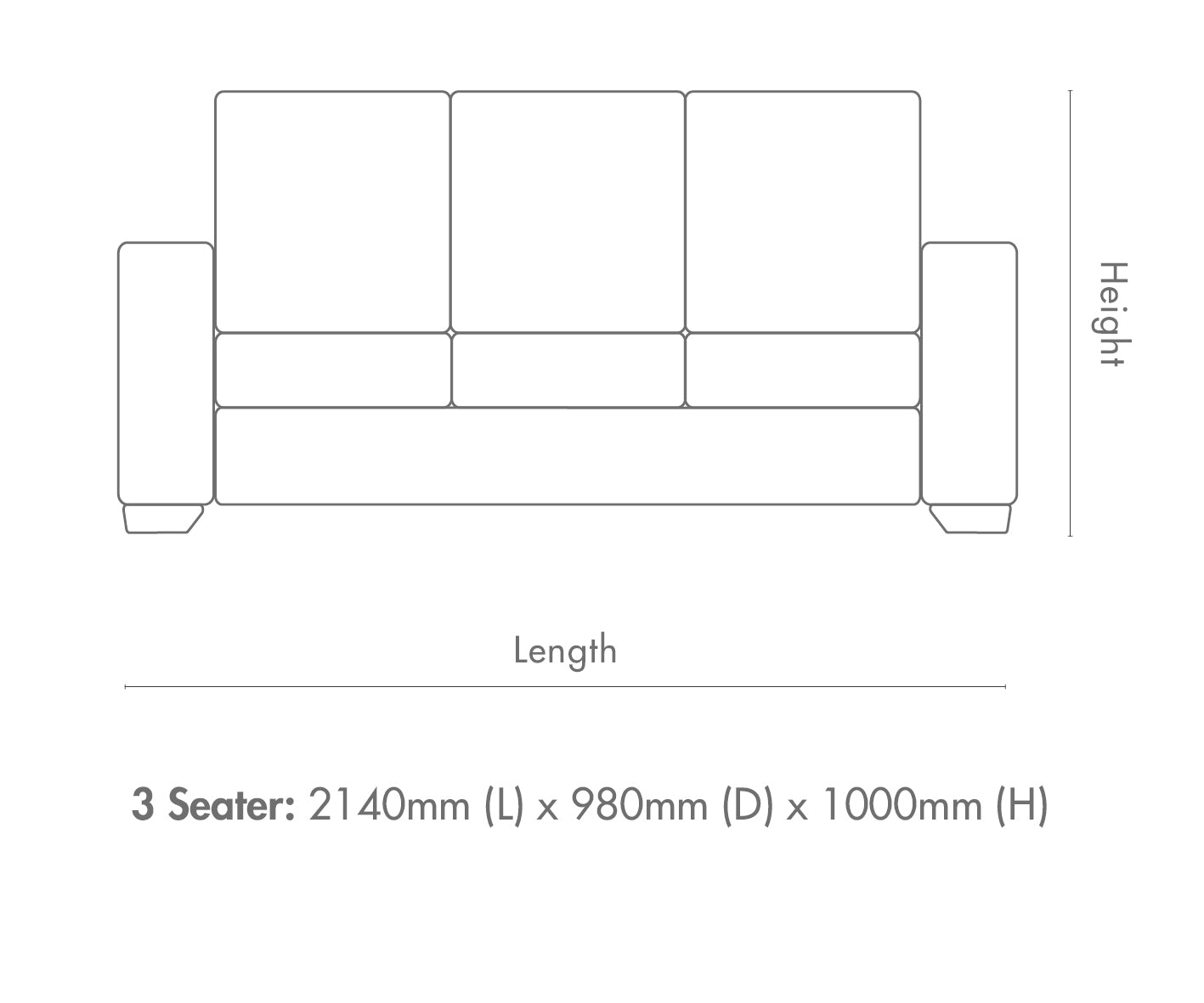 Measurement chart for Rome 3 Seater Leather Sofa