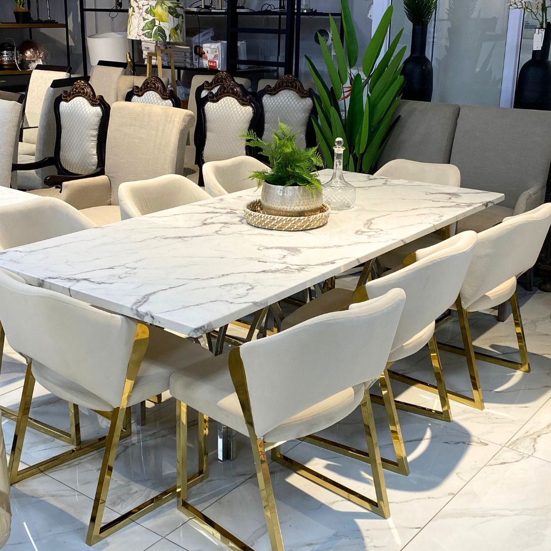 Sierra Marble Look & Cleopatra 8 Seater Dining Set - Warehouse Clearance