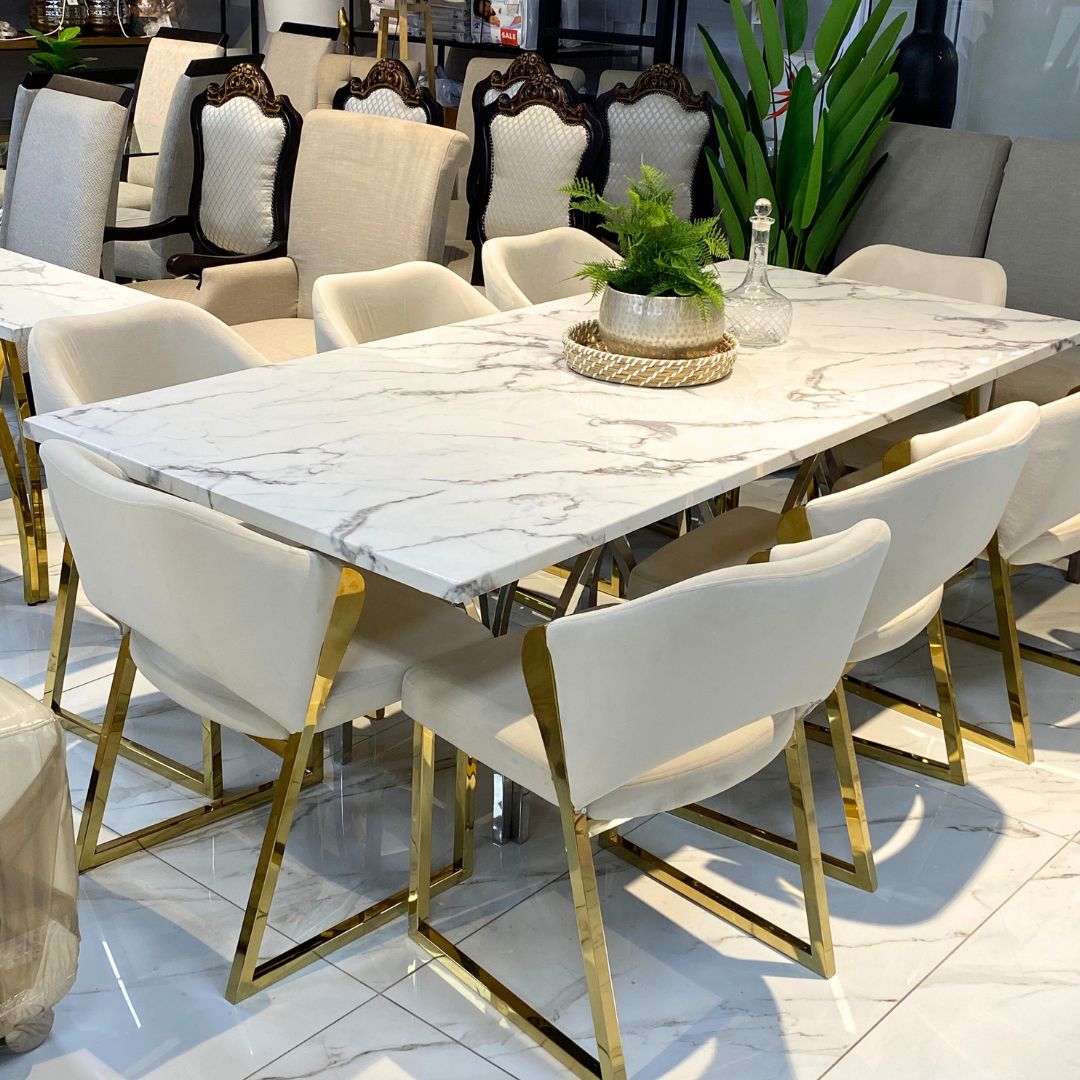 Sierra Marble Look & Cleopatra 8 Seater Dining Set - Warehouse Clearance