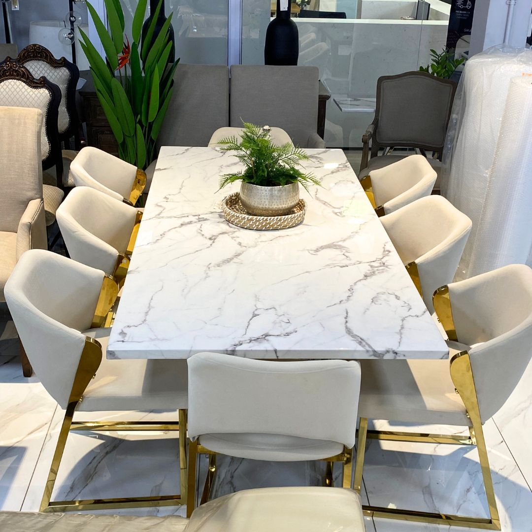 Sierra Marble Look & Cleopatra 8 Seater Dining Set - Warehouse Clearance