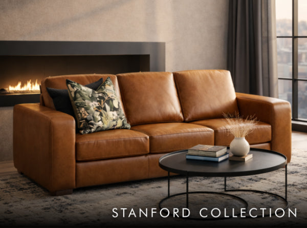 Stanford Leather 3 Seater Couch, shown in a cosy interior setting. | leather couches, couches for sale, brown leather couch, Leather Gallery