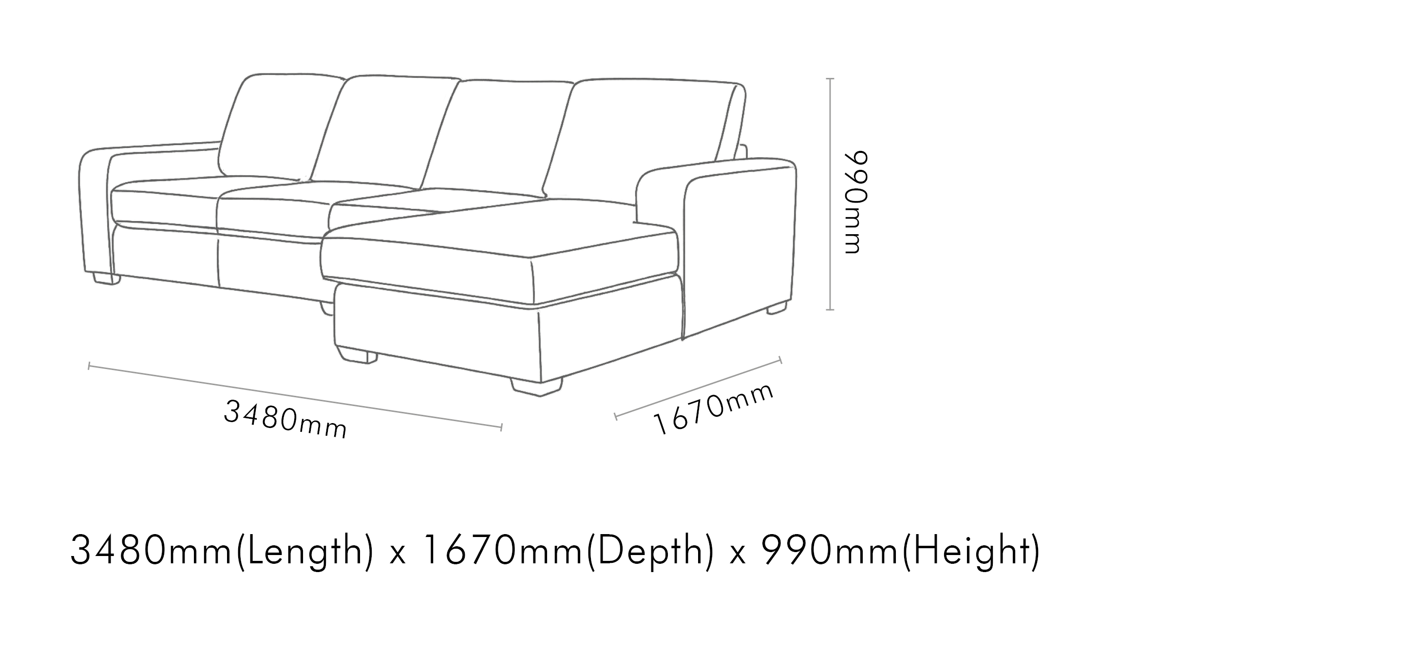 Measurement chart for Stanford Leather Modular Sofa Chaise - RHF