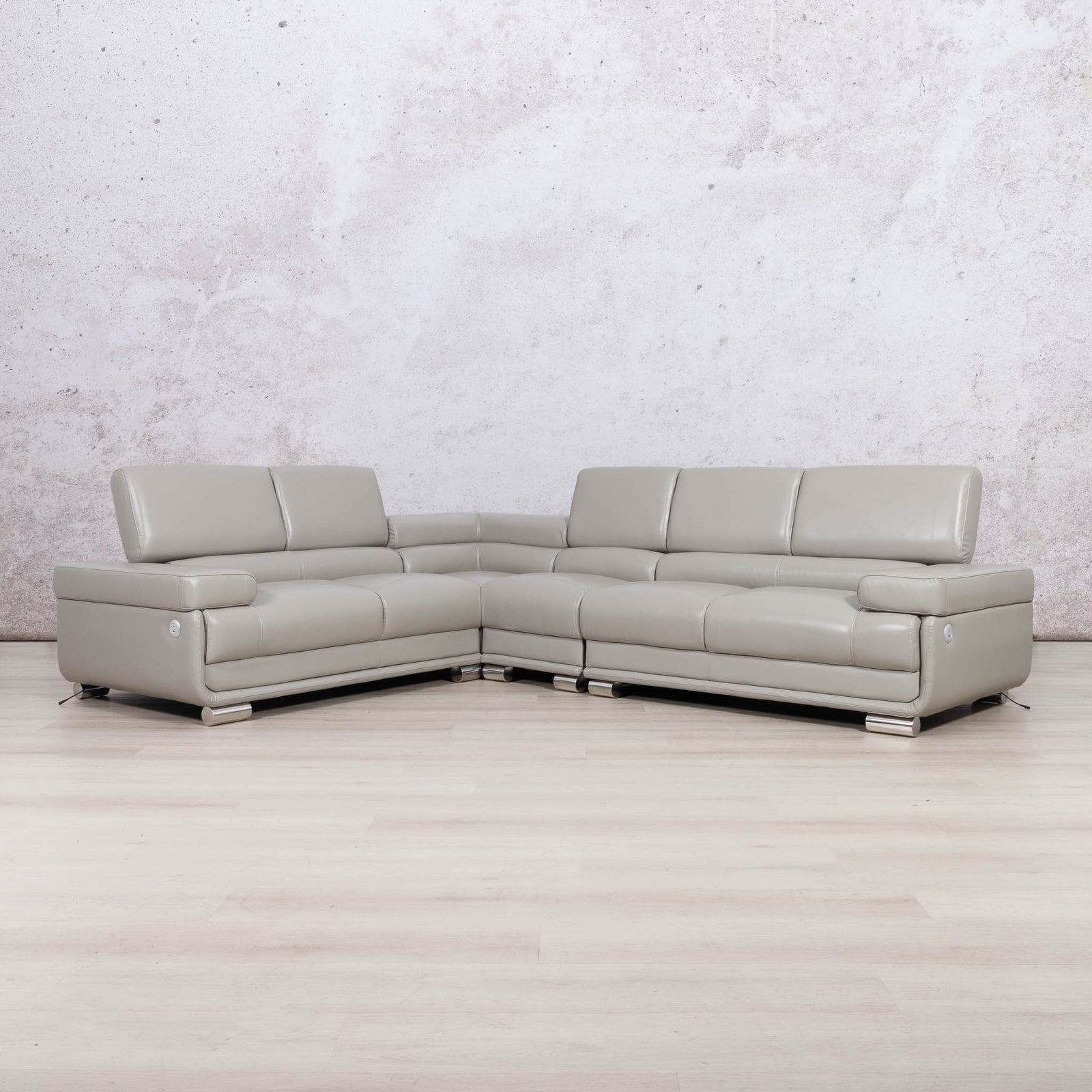 Leather Gallery Tobago 5 Seater Leather L Shape Couch in Grey, featuring a modern L-shaped design and smooth leather upholstery.