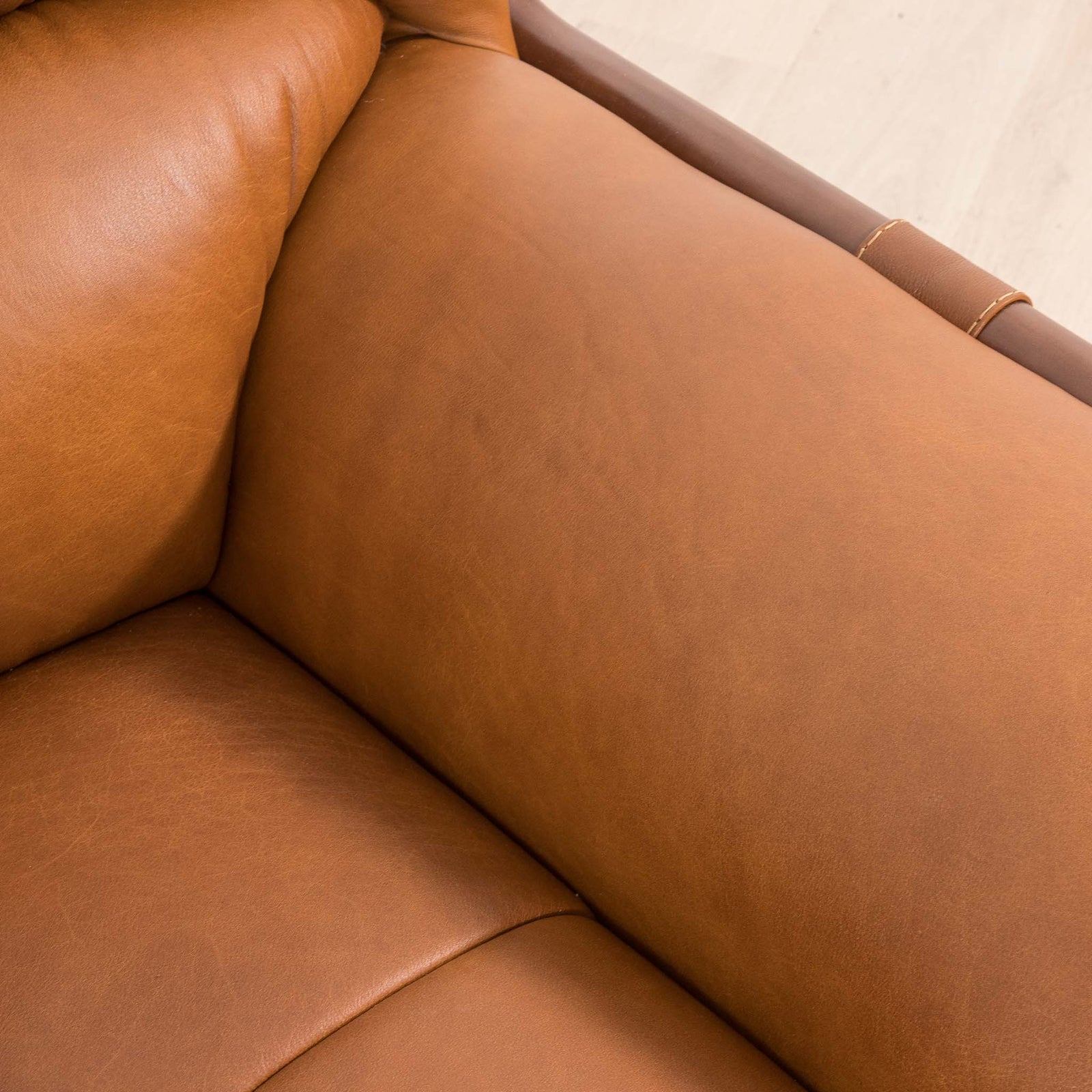 Close-up of the Leather Gallery Zuri 1 Seater Leather Couch in Czar Pecan, showing the smooth leather texture and natural grain.