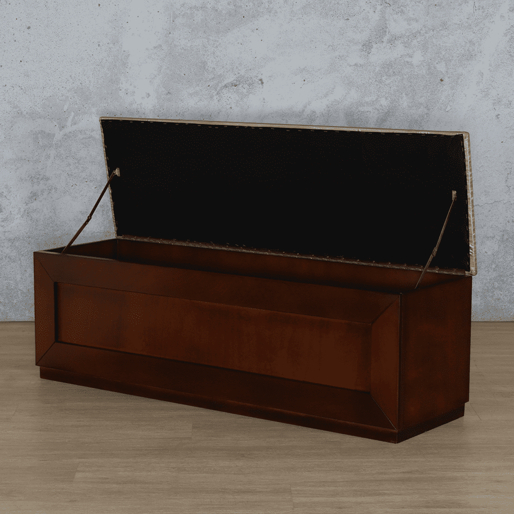 Lid Open View of the Amy Kist | Blanket Storage Box | Wooden Kist | Leather Gallery