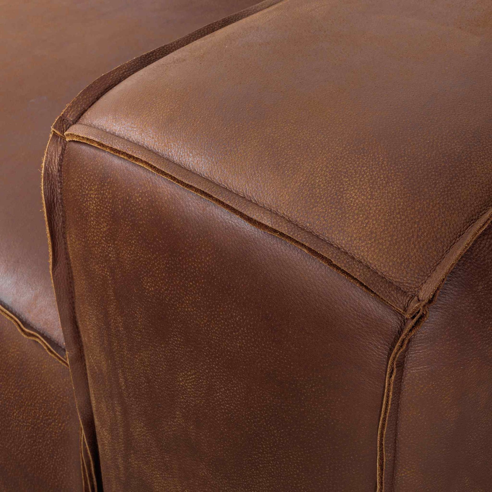 Austin Close up Leather Couch in Woodlands Spice, in a bright, modern-minimalist styled living room. Genuine leather couches.