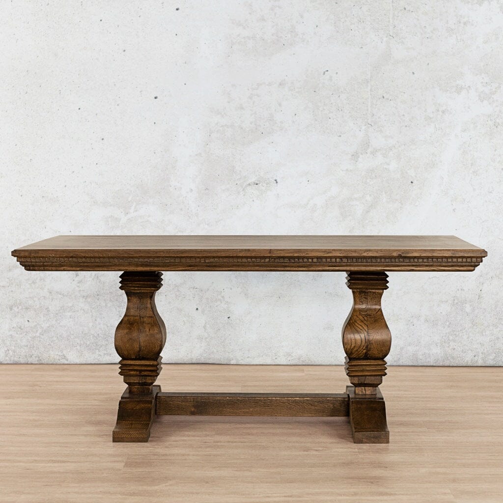 Close-up of the fluted edge detailing on the Belmont 10 seater wooden dining table in Antique Dark Oak.