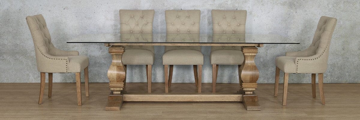 Full view of the Belmont glass dining room table and chairs in a 9-piece set