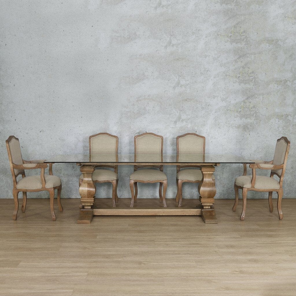 Elegant detail of the Belmont 8 seat dining table set with glass surface.  Antique Natural Oak