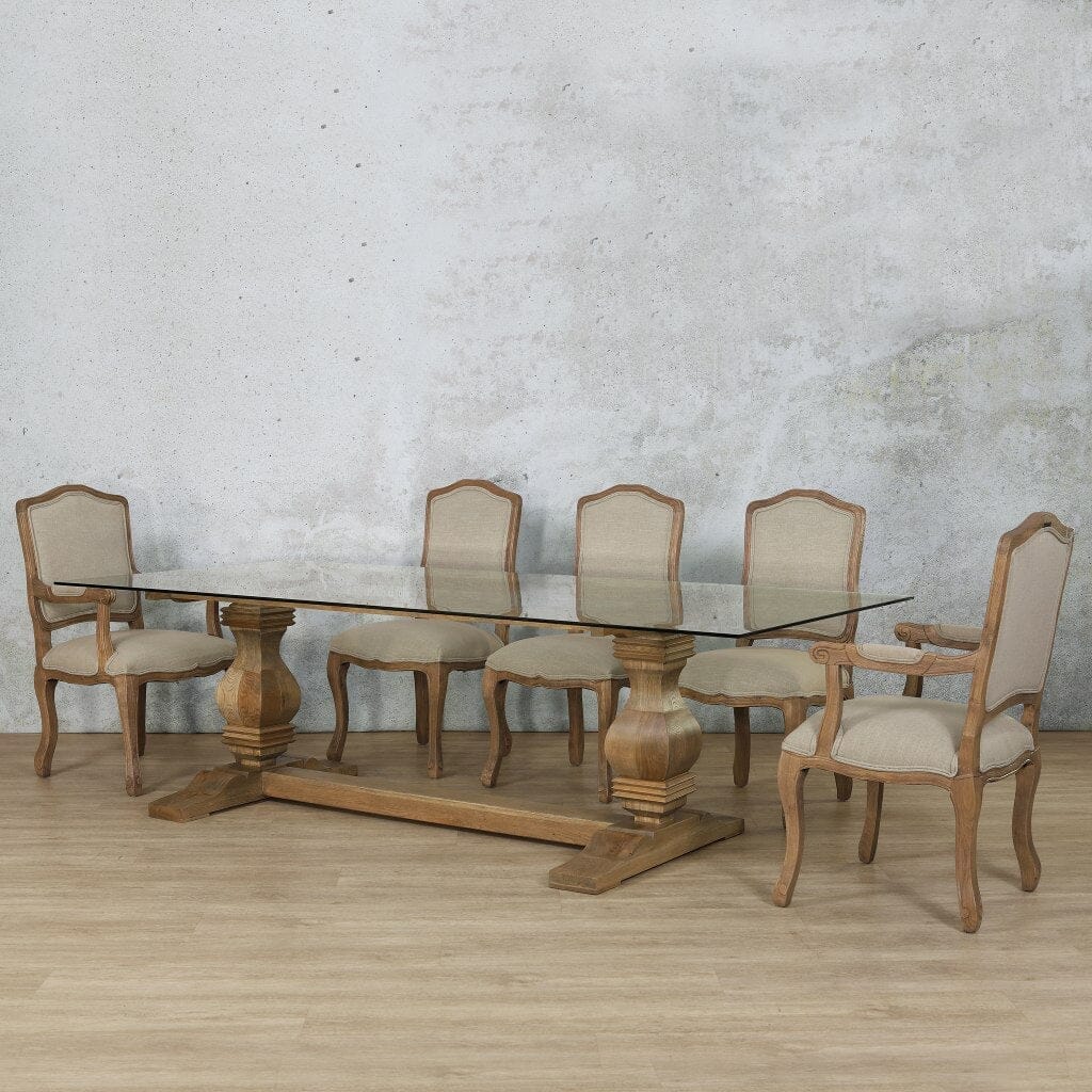 Belmont glass top 8 seat dining table set styled for a modern dining room.  Antique Natural Oak