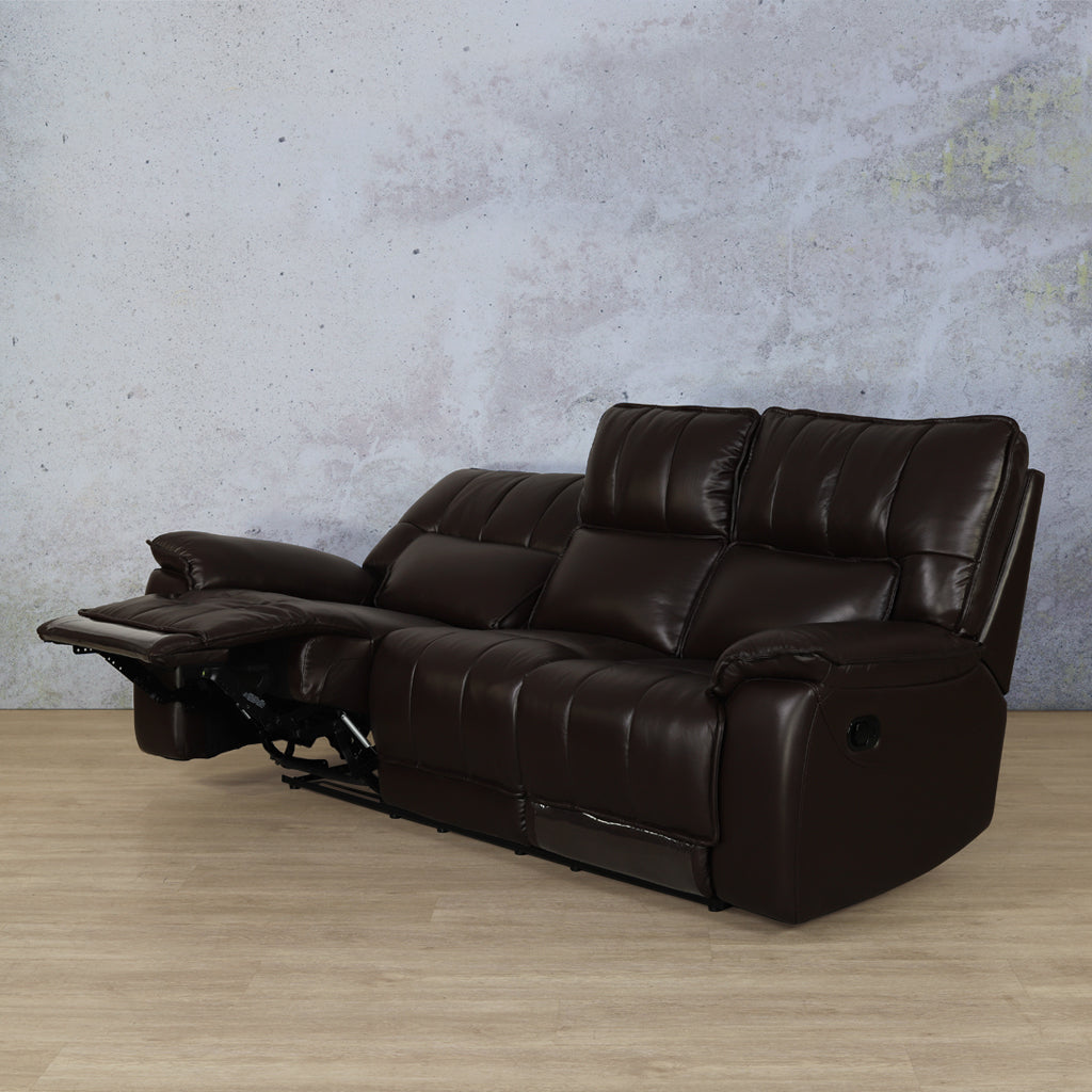 Bentley Leather 3-seater Recliner in Imperial Choc Angle View with fully open recliner.