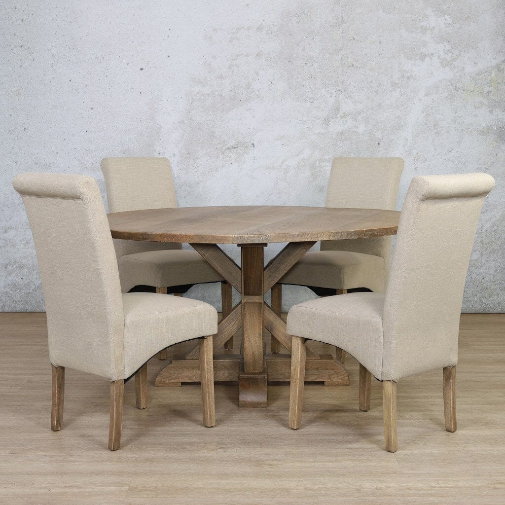 Compact 4 seater dining set ideal for small dining rooms or breakfast nooks with round Oakwood table.