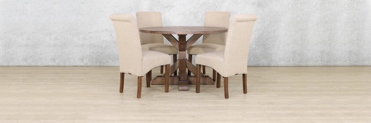 Berkeley 4 seater dining set with round Oakwood table and Windsor dining chairs in Antique Dark Oak.