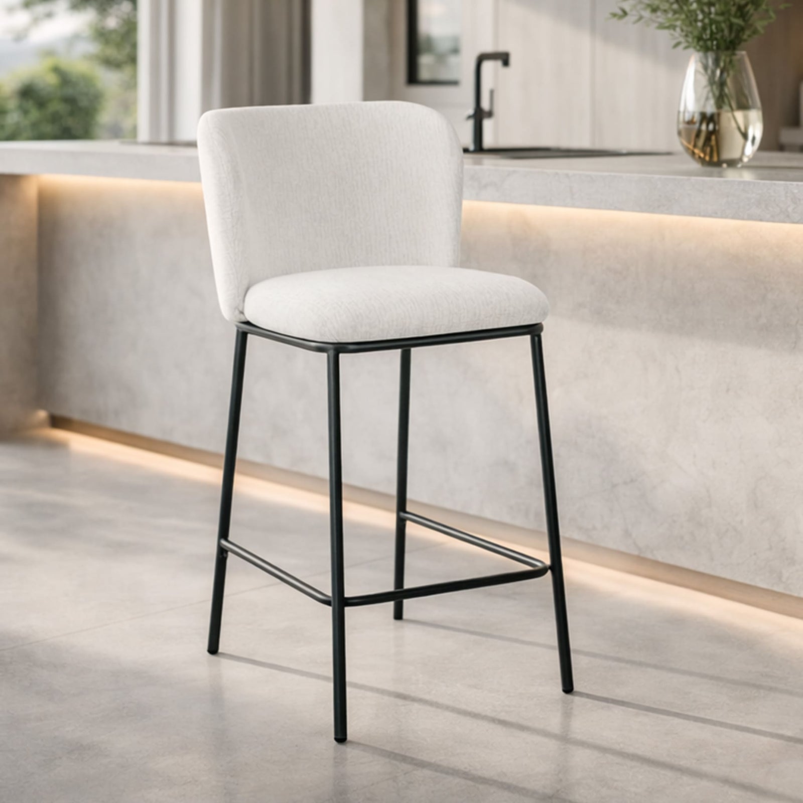 Carl Fabric Bar Chair in White, shown in a welcoming entertainment area. | Bar chairs, bar chairs for sale, barstool, dining chair, bar stools and chairs