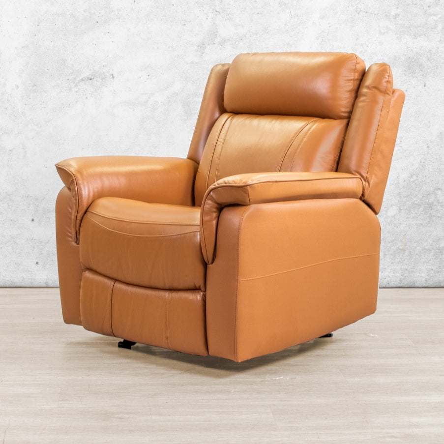 Carter leather one-seater home theatre recliner couch in tan. Comfortable leather recliner for living room or home theatre recliners in South Africa.