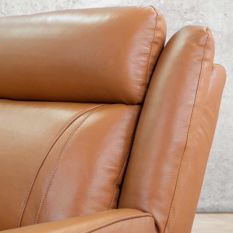 Close up of headrest on Carter leather recliner couch in Tan. Leather recliners, recliner couch, home theatre recliner