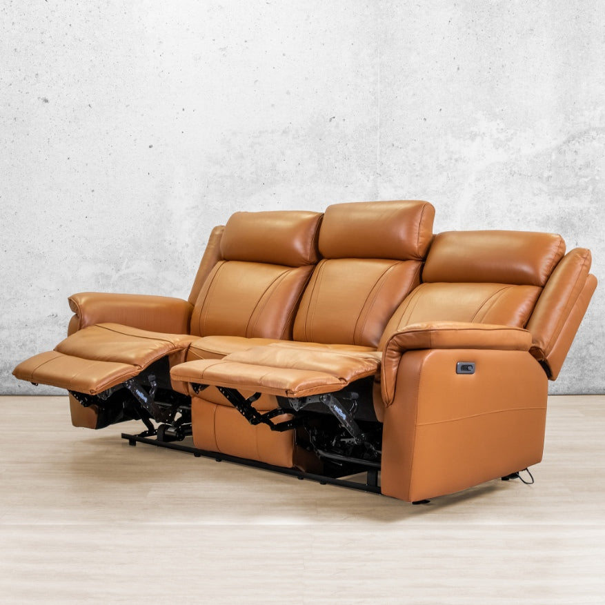 Carter 3-seater recliner couch in Tan with recliners open. | Home theatre recliners, 3 seater recliner couch, leather recliner couch