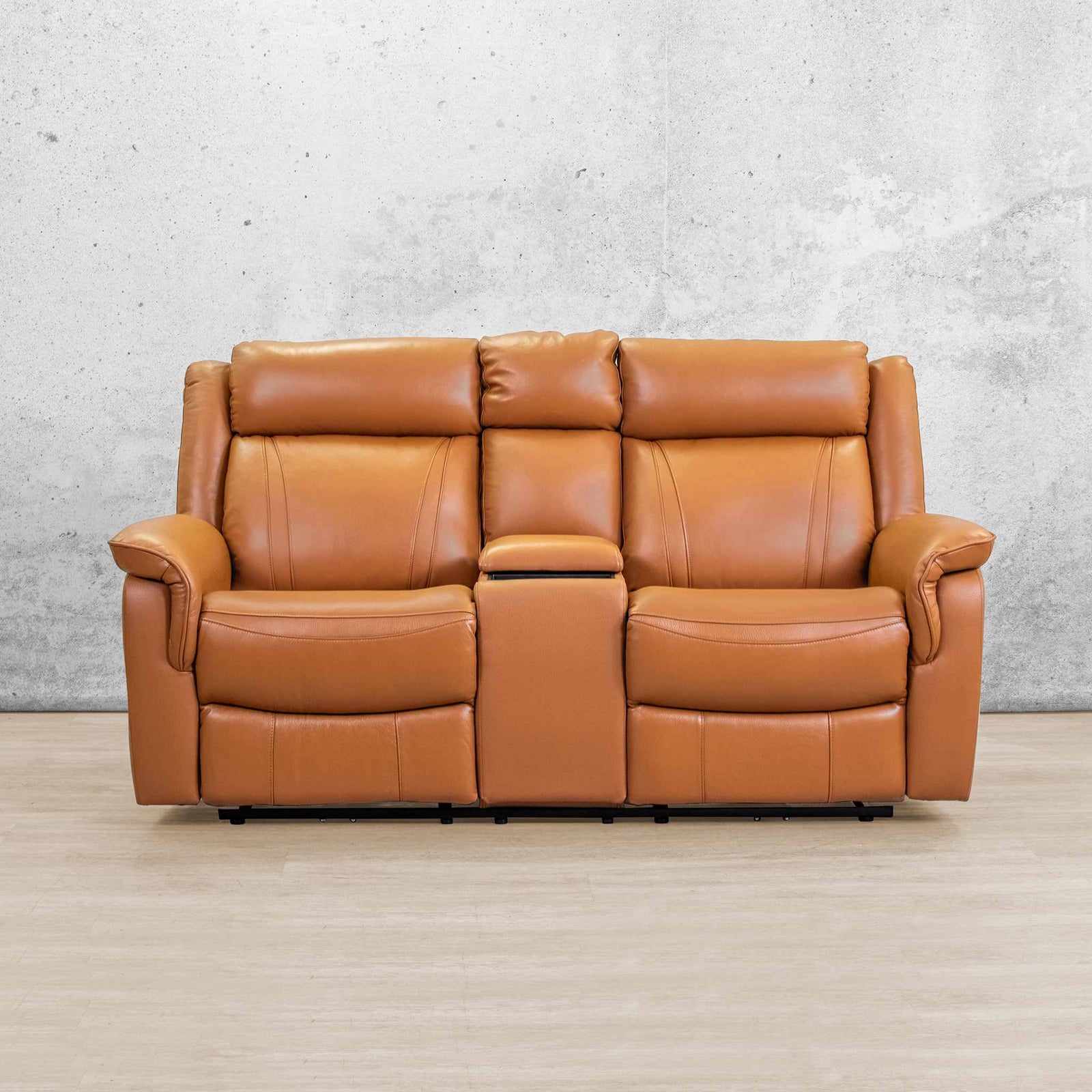 Carter leather two-seater home theatre recliner couch in tan. Comfortable leather recliner for living room or home theatre recliners in South Africa.