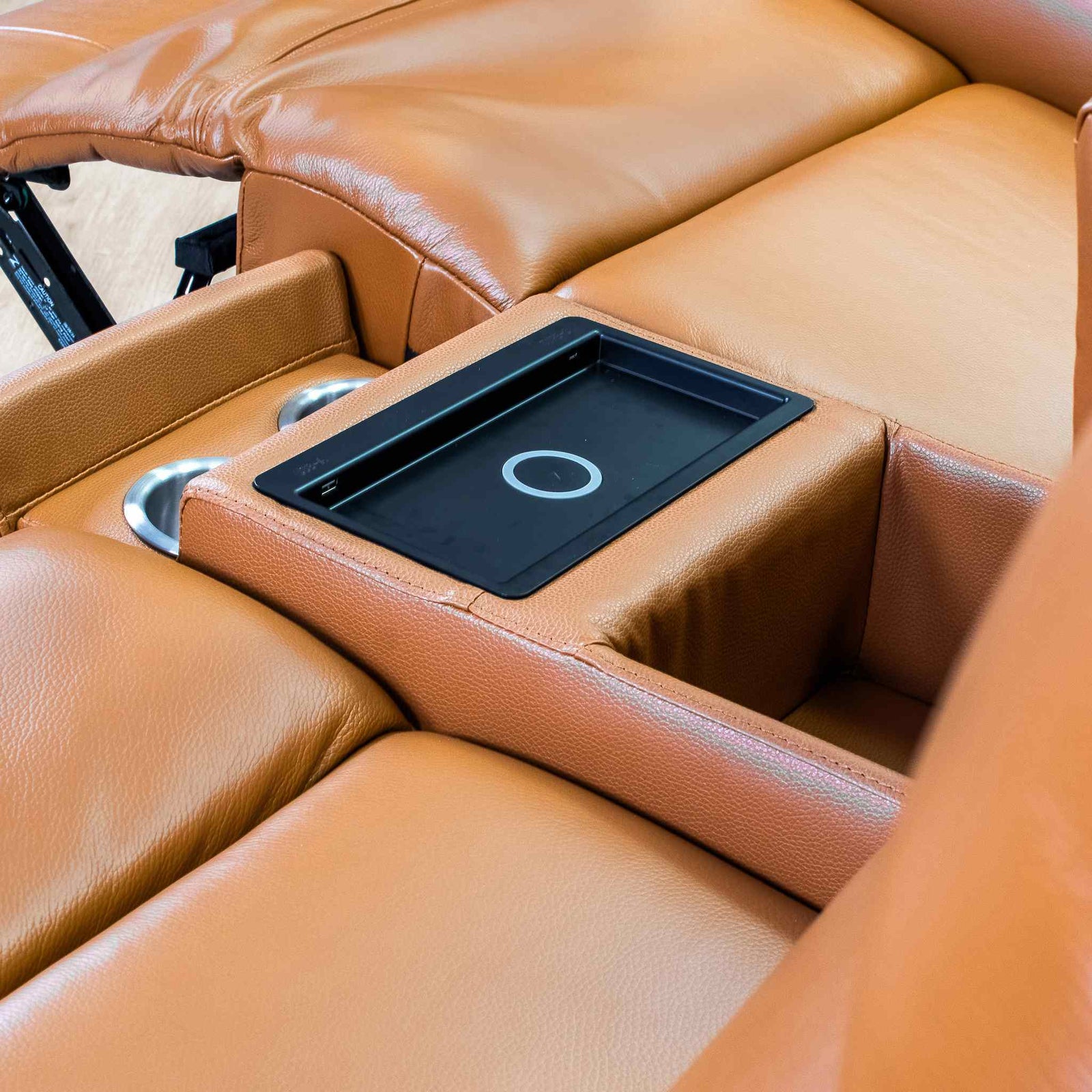 Carter leather two-seater home theatre recliner couch in tan. Comfortable leather recliner for living room or home theatre recliners in South Africa.