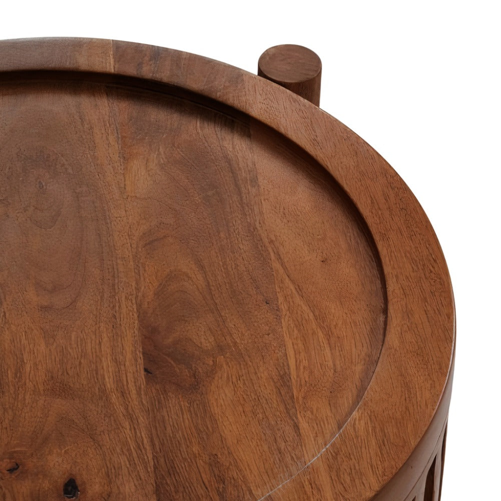 Top-down view of a round wood side table showcasing the rich natural grain and smooth finish of its circular tabletop.